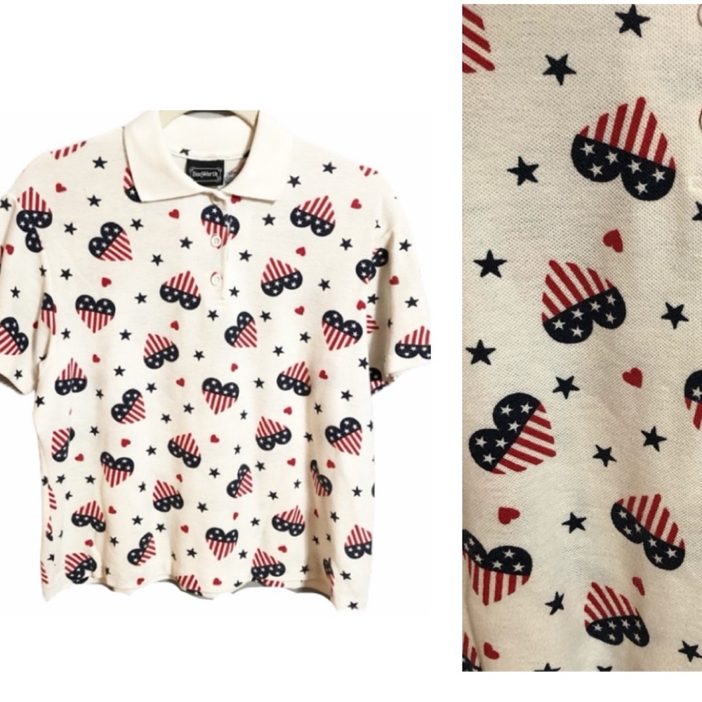 Vintage Bon Worth Americana Patriotic Hearts Polo Red, White & Blue